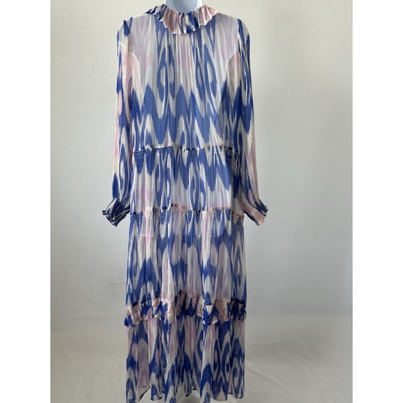 Anthropologie The Marais Printed Maxi Dress Blue Pink Sz L (b59) Missing Slip - Picture 5 of 5